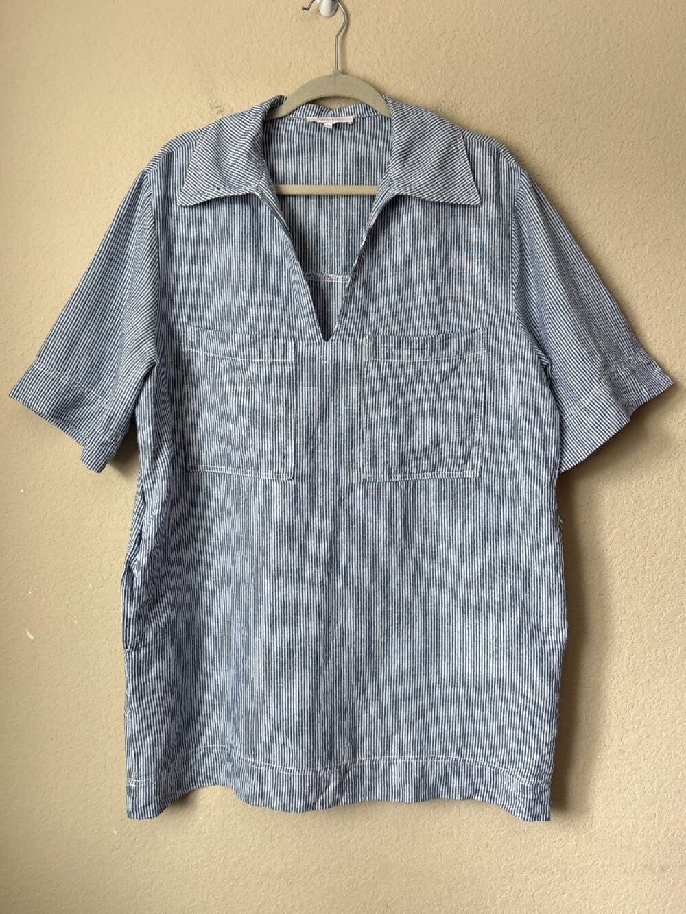 Olivaceous Linen V-Neck Pinstripe Shift Mini Dress Nautical Preppy Beachy